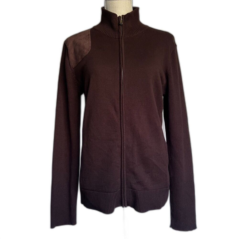 Lauren Ralph Lauren Sweater Large Brown Full Zip Equestrian Shooter Suede Patch